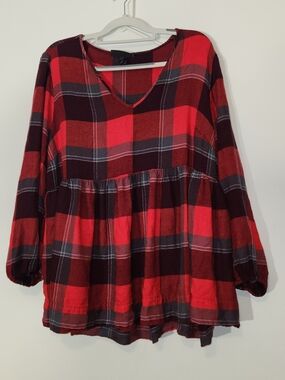 Plaid Peasant Blouse Red & Black, Soft Knit 18 Lane Bryant